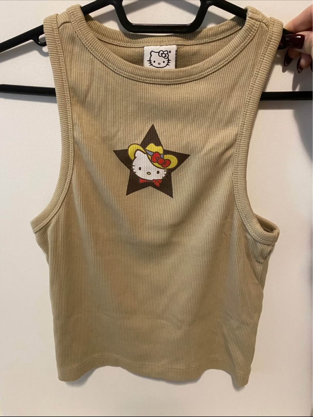 Hello Kitty Beige Ribbed Tank with Star Motif and Yellow Bow